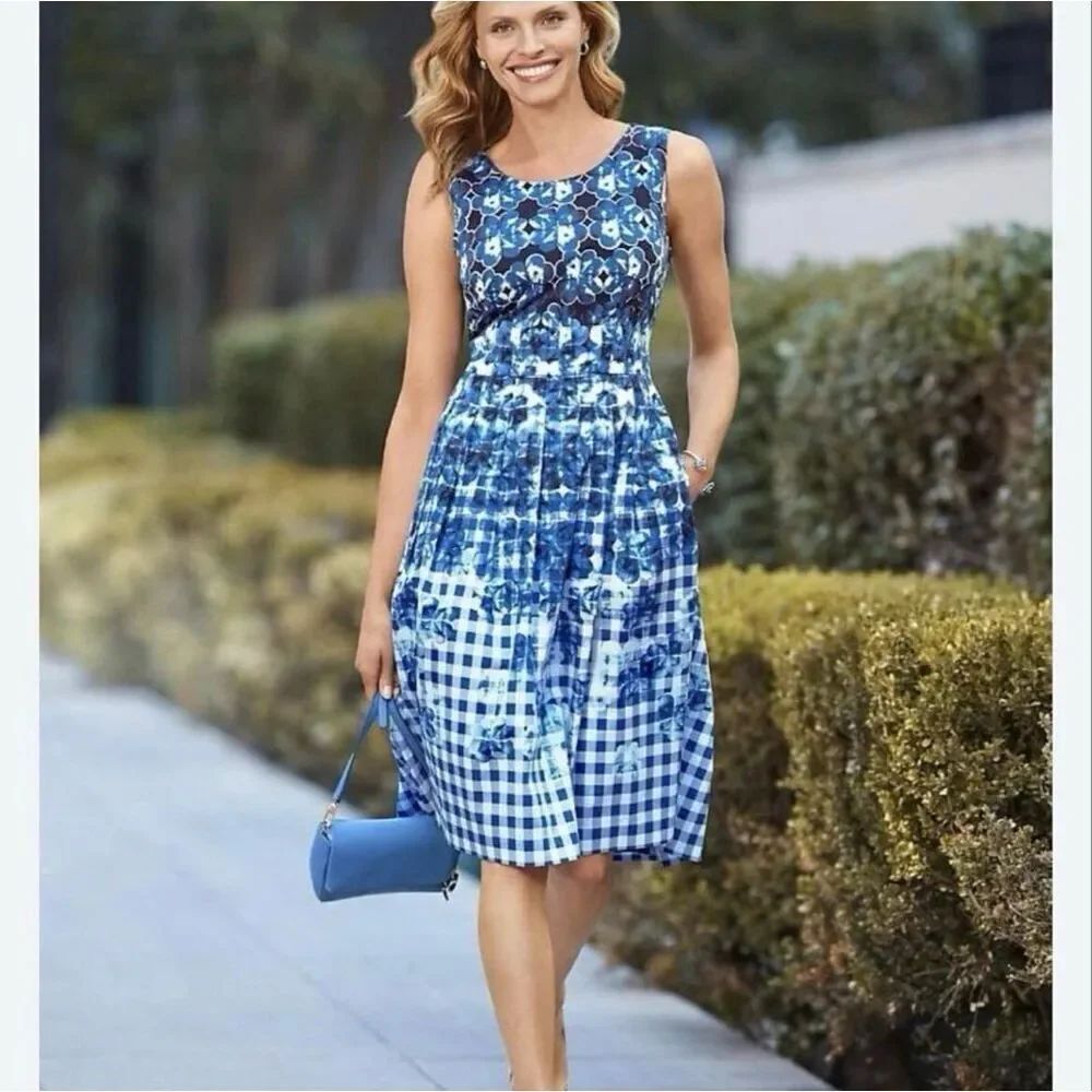 Talbots blue floral ombre gingham plaid printed fit & flare pleated dress sz 4